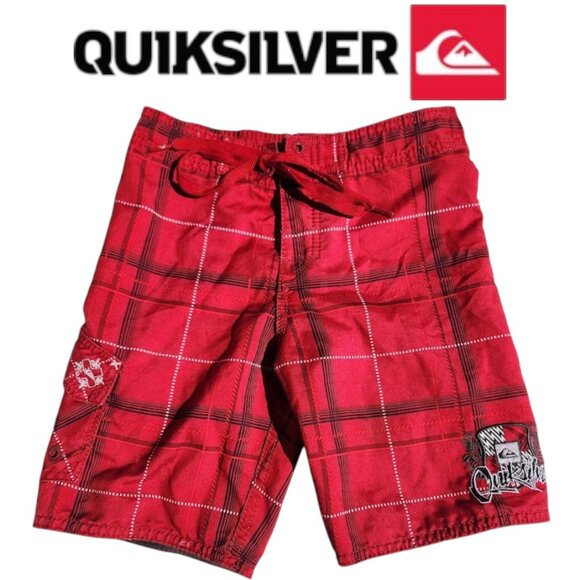 Quicksilver Swim Trunks Size Small S Boy's Swimming Shorts Red Plaid Swimsuit 12 - Picture 1 of 11